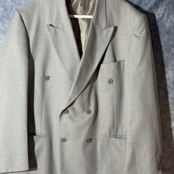 VTG Mens Suit 50L Beige Wool Double Breasted Blazer Sport Coat Jacket 6 Button - Picture 2 of 12